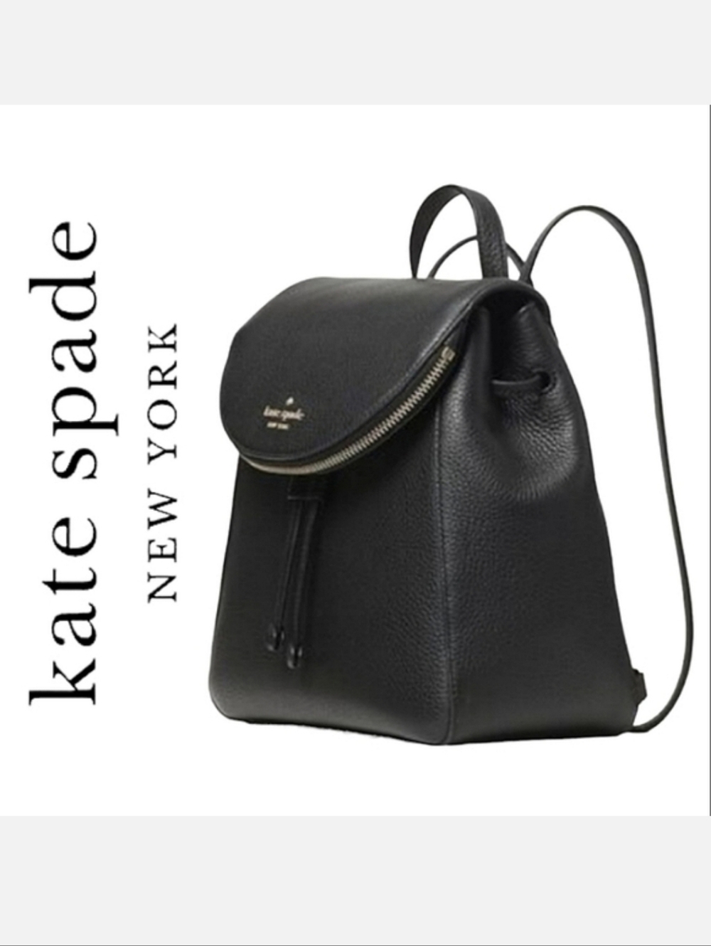 Kate Spade Leila Black Pebbled Leather Flap Backpack NWT